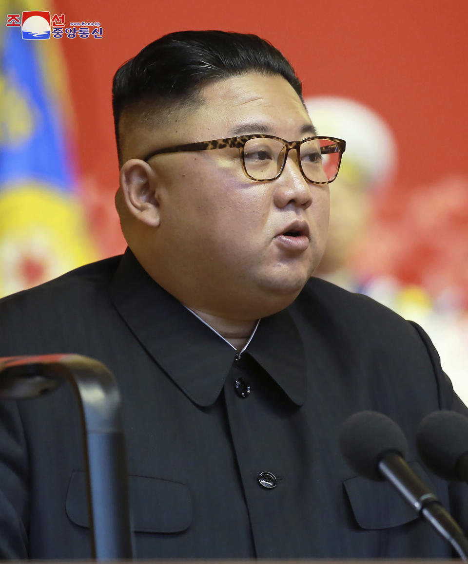 In this photo provided by the North Korean government, North Korean leader Kim Jong Un delivers a speech before war veterans in Pyongyang, North Korea, Monday, July 27, 2020, marking the 67th anniversary of the end of the 1950-53 Korean War. Kim said his country’s hard-won nuclear weapons were a solid security guarantee and a “reliable, effective” deterrent that could prevent a second Korean War, state media reported Tuesday. Independent journalists were not given access to cover the event depicted in this image distributed by the North Korean government. The content of this image is as provided and cannot be independently verified. Korean language watermark on image as provided by source reads: "KCNA" which is the abbreviation for Korean Central News Agency. (Korean Central News Agency/Korea News Service via AP)