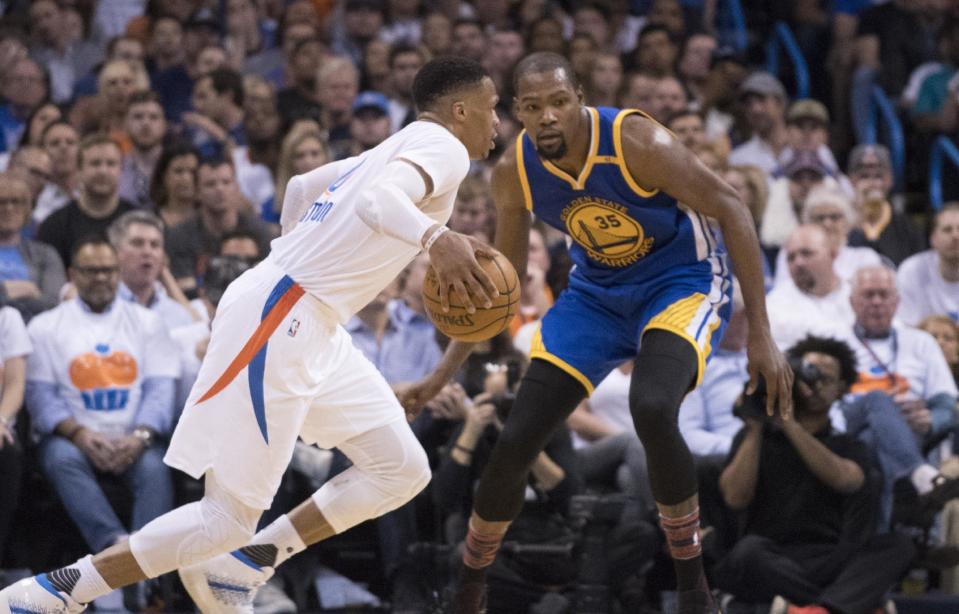 After a year of tension, the relationship between Kevin Durant and Russell Westbrook is back in a good place. (Photo by J Pat Carter/Getty Images)