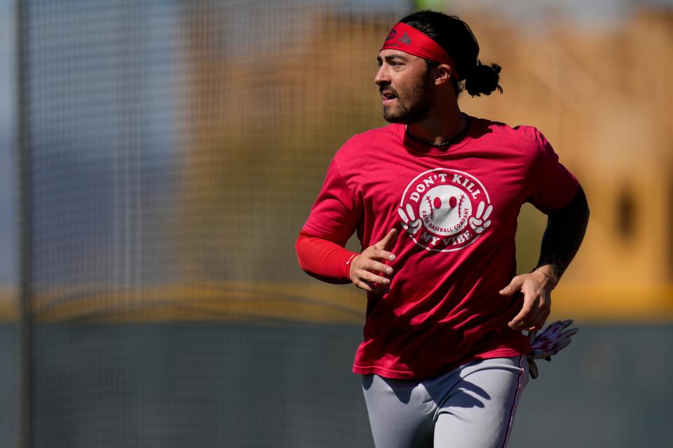 Cincinnati Reds second baseman Jonathan India works through a baserunning drill at the Cincinnati Reds Player Development Complex. The intensity has ramped up in spring workout this year with the Reds.