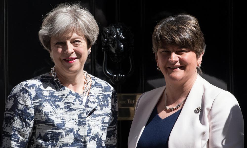 Theresa May and Democratic Unionist party leader Arlene Foster pose in front of No 10 after the Northern Irish party agreed to prop up the Conservatives earlier this year.
