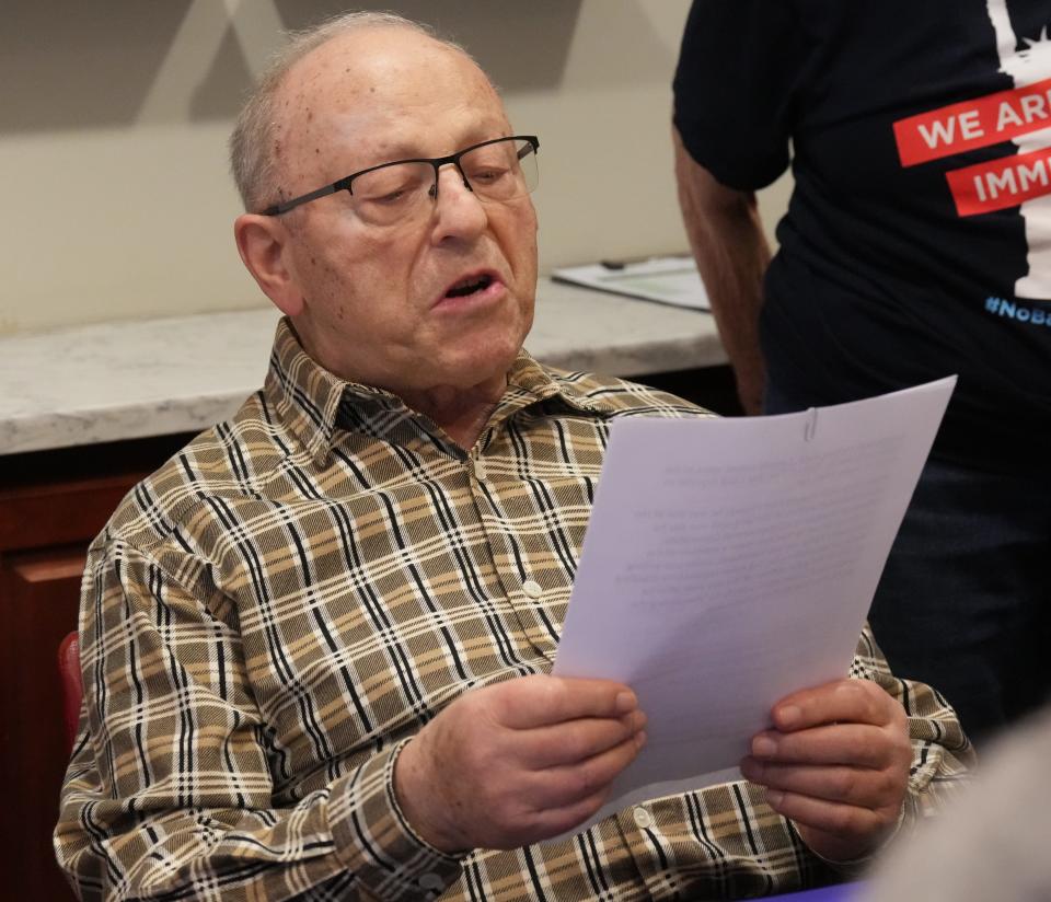 Norbert Ripp reads his writing assignment in a class led by retired 96-year-old Teaneck English teacher Eva Barron leads the Creative Writing Club at Arbor Terrace, a retirement community in Teaneck, NJ on February 16, 2023.