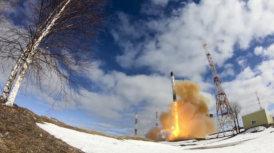 FILE - In this photo released by Russian Defense Ministry Press Service on April 20, 2022, a Sarmat intercontinental ballistic missile is launched from Plesetsk in northwestern Russia. Sometime this summer, if President Vladimir Putin can be believed, Russia moved some of its short-range nuclear weapons into Belarus, closer to Ukraine and onto the doorstep of NATO’s members in Central and Eastern Europe (Russian Defense Ministry Press Service via AP, File)