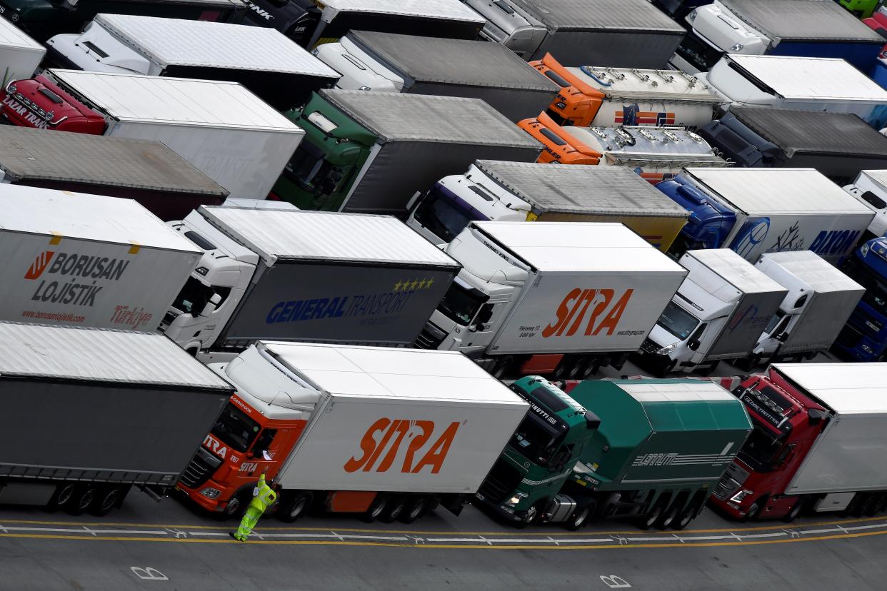 Lorries queue at Dover port (REUTERS)