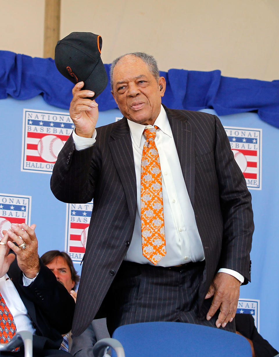 COOPERSTOWN, NY - JULY 22: Hall of Famer Willie Mays is introduced at Clark Sports Center during the Baseball Hall of Fame induction ceremony on July 22, 2012 in Cooperstown, New York. (Photo by Jim McIsaac/Getty Images)