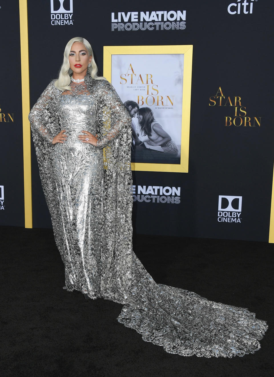 Gaga wears a shimmering Givenchy couture gown for the Los Angeles premiere of "A Star Is Born" on Sept. 25, 2018.