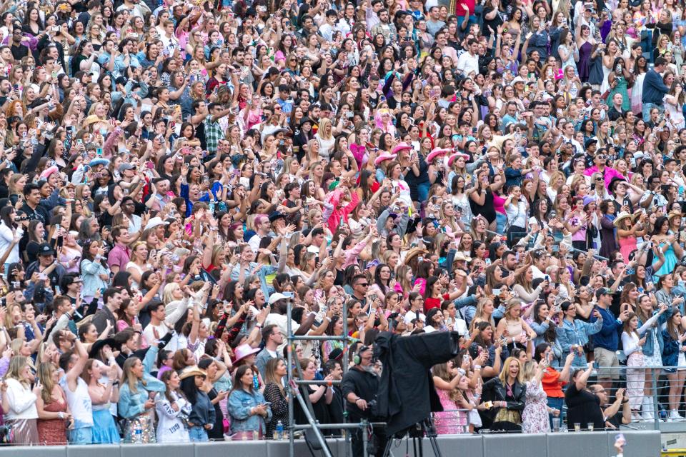 Fans of Taylor Swift at MetLife Stadium before the Eras Tour begins on Friday, May 26.