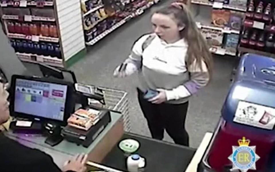 CCTV issued by Cumbria Police showing Eleanor Williams shopping in a Spar, at a time she claimed she was being trafficked - Cumbria Police/PA