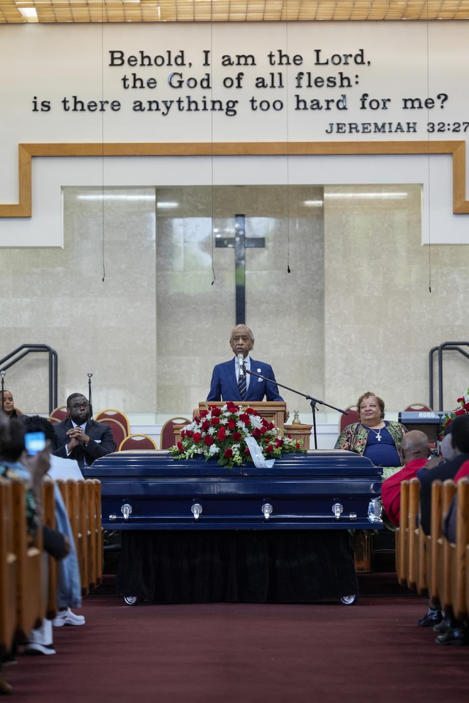 Rev. Al Sharpton speaks at the funeral for D'Vontaye Mitchell Thursday, July 11, 2024, in Milwaukee. Mitchell died June 30. (AP Photo/Morry Gash)