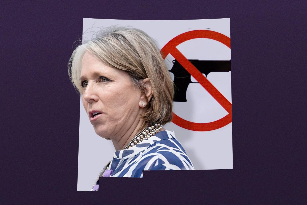 Gov. Lujan Grisham open mouthed inside a silhouette of the state of New Mexico with a circle and a crossed out handgun behind her.