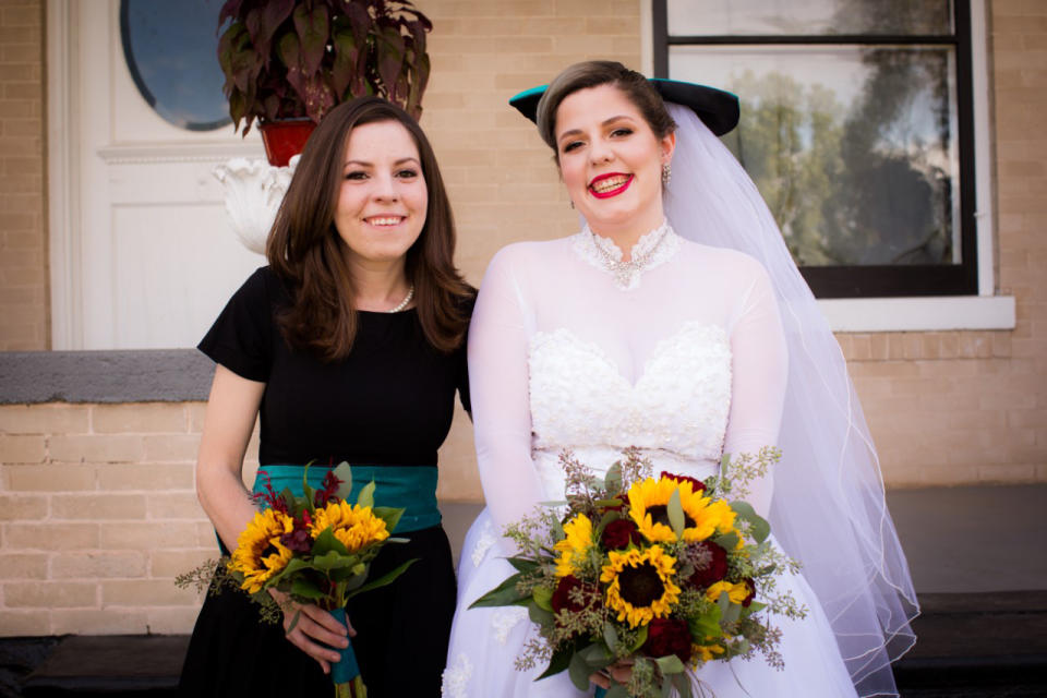 Sara Wittner (left) and her sister Grace Sekera on Sekera’s wedding day. Wittner began using narcotics again after the COVID-19 pandemic dismantled elements of her sobriety support system. On the Thursday after Easter, Sekera discovered her sister’s body. “No little sister should have to go through that,” Sekera says. | Courtesy of Leon Wittner