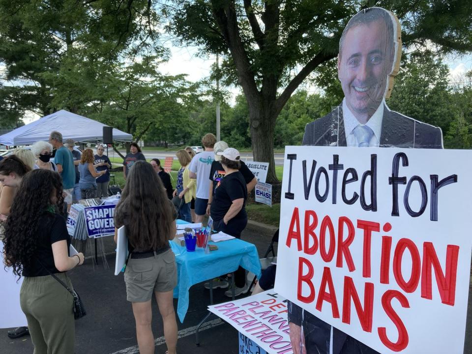 Protesters gather outside the Middletown office of Bucks County Congressman Brian Fitzpatrick on Friday, June 24, 2022.