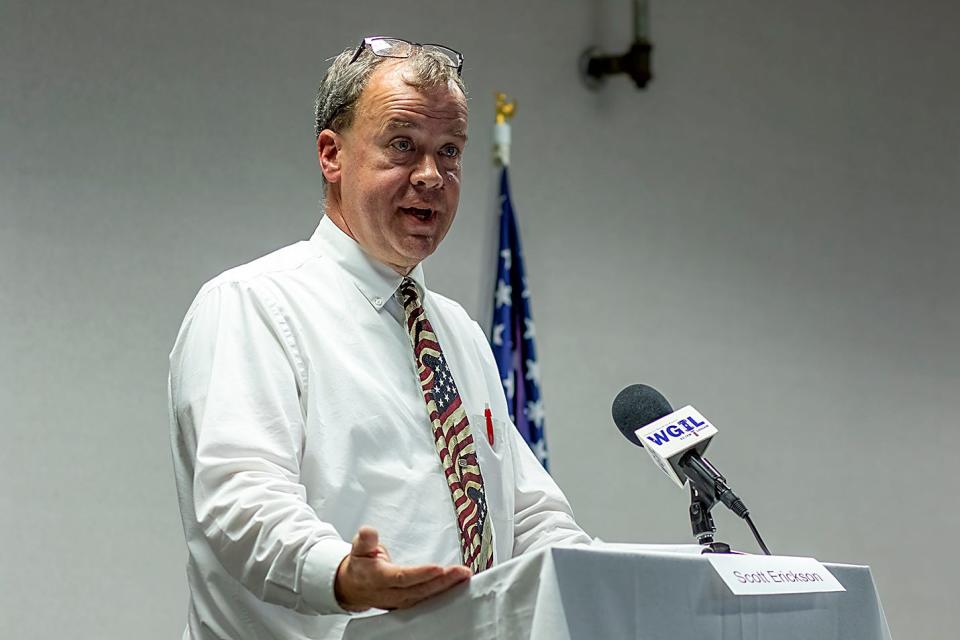 Republican incumbent Knox County Clerk Scott Erickson gestures as he speaks during the Galesburg NAACP candidates forum on Tuesday, Oct. 11, 2022 at the Galesburg Public Library.