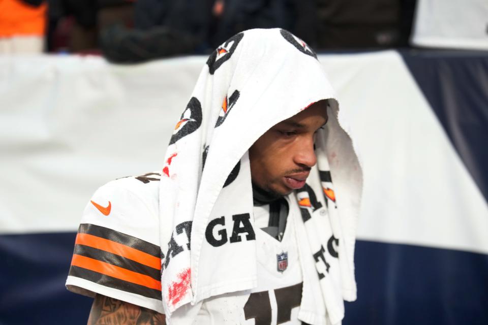 Browns quarterback Dorian Thompson-Robinson after being injured against the Broncos on Nov. 26, 2023, in Denver.