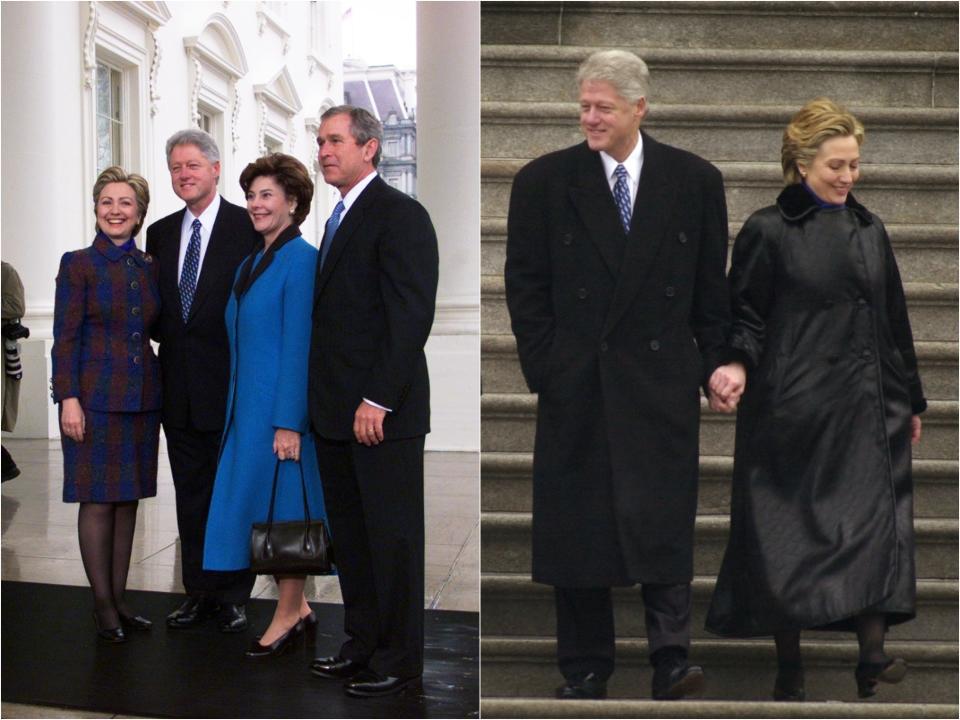 Side by side of Hillary in a red and blue plaid skirt suit and Laura in a blue coat with their husbands next to Bill and Hillary in a black raincoat walking down the Capitol steps.