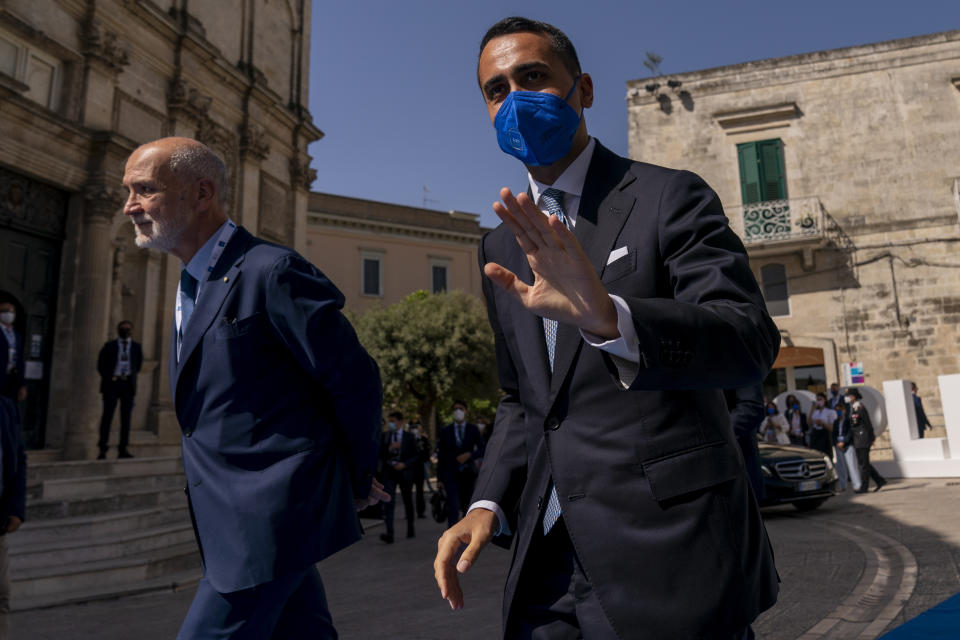 Italy's Foreign Minister Luigi Di Maio arrives at a G20 foreign ministers meeting in Matera, Italy, Tuesday, June 29, 2021. Blinken is on a week long trip in Europe traveling to Germany, France and Italy. (AP Photo/Andrew Harnik, Pool)