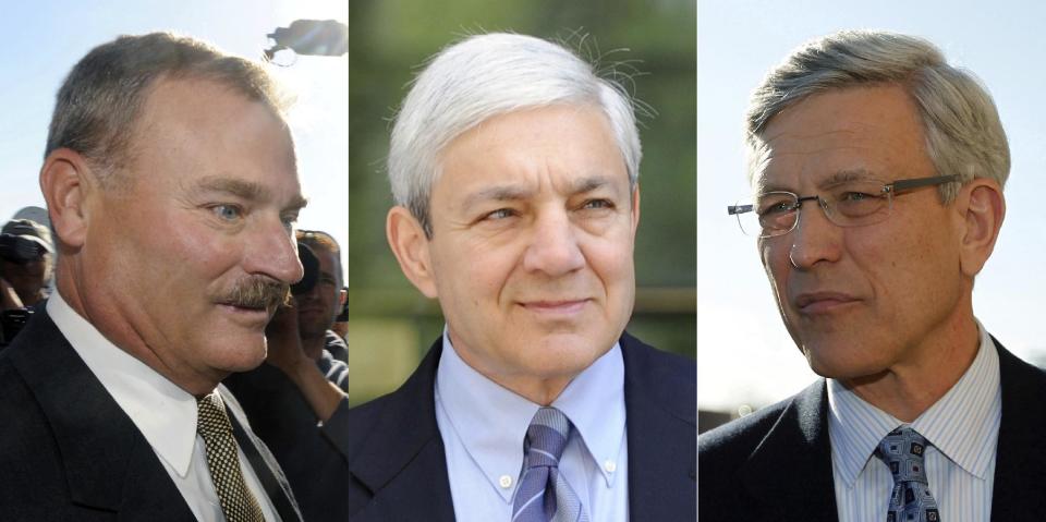 ADDS THAT SCHULTZ HAS ALSO PLEADED GUILTY - FILE - This file combination photo shows former Penn State Vice President Gary Schultz, left, former Penn State Director of Athletics Tim Curley, right, and former Penn State President Graham Spanier, center, in Harrisburg, Pa. Curley and Schultz each pleaded guilty Monday, March 13, 2017, to a misdemeanor child endangerment charge for his role in the Jerry Sandusky child molestation case, more than five years after the scandal broke. Spanier, who was also charged in the case, was not in the Harrisburg courtroom Monday morning, though his attorneys were. (AP Photos/File)