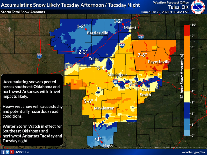 Graphics released Monday, Jan. 23, 2023 by the National Weather Service show the potential for up to 8 inches of snow in northwest Arkansas and up to 4 inches in Fort Smith.