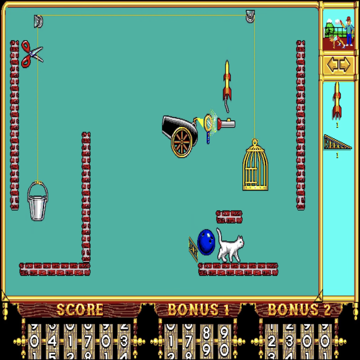 Gameplay of The Incredible Machine, featuring Rube Goldberg-type machinery