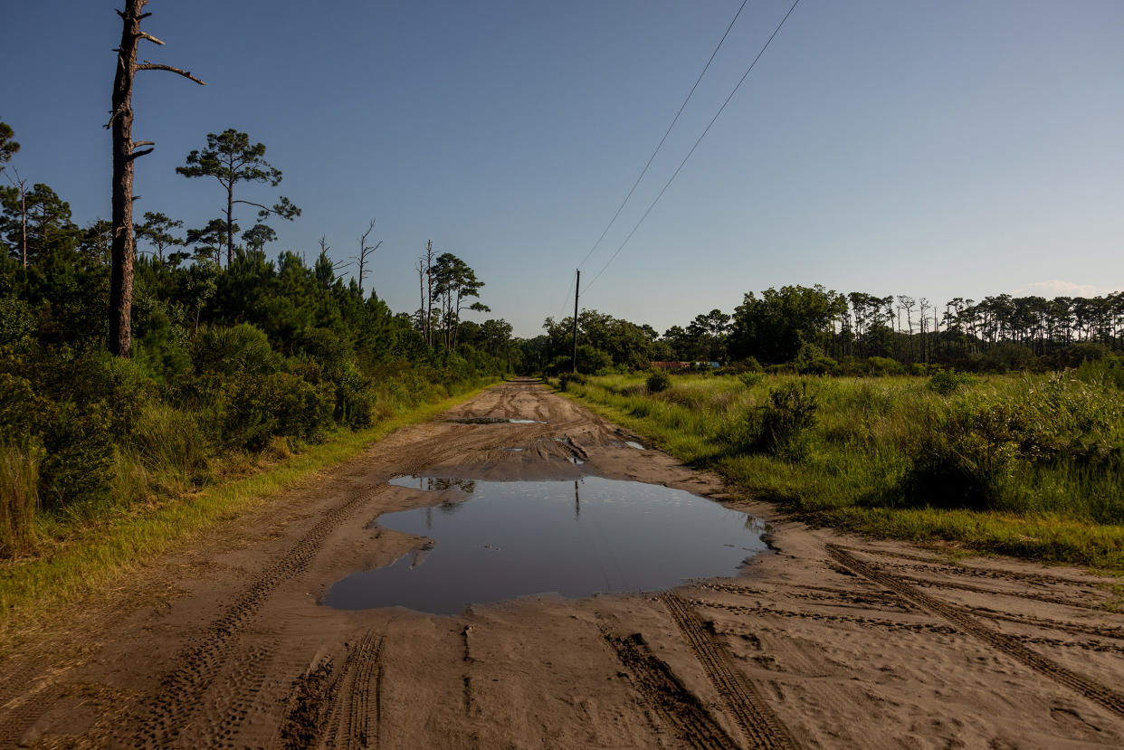 Dirt roads filled with water are spread around the island.