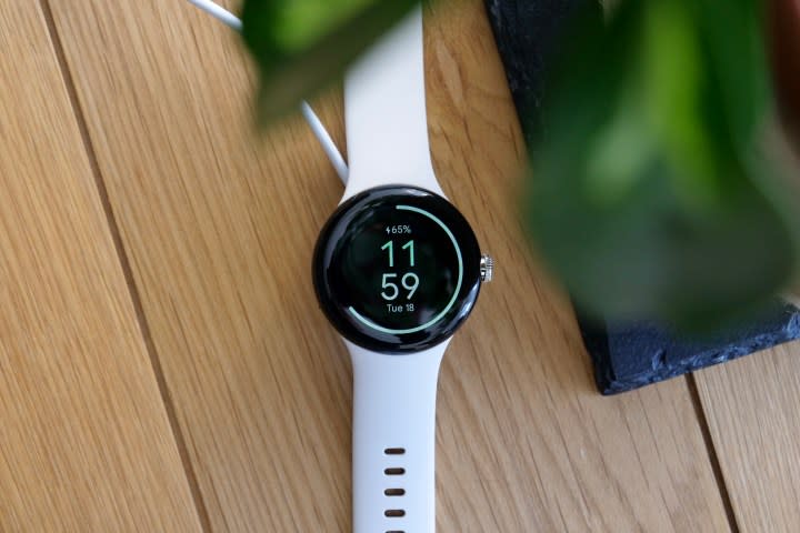 The Google Pixel Watch on charge.