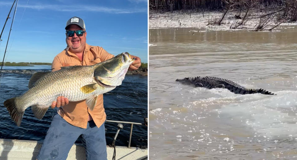 Left, Michael Smith holding his huge barramundi catch. Right, a big crocodile Michael saw while fishing.