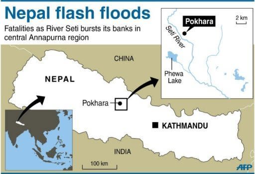 Map locating deadly flash floods near Pokhara, a tourist hub in Nepal's central Annapurna