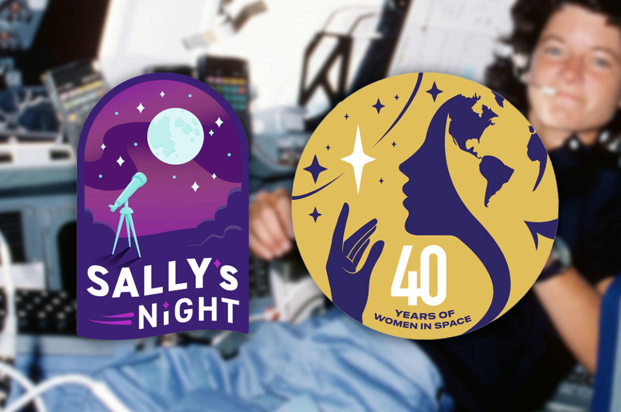  purple logo for sally's night and yellow-and-purple logo celebrating 40 years of women in space, with a photo of sally ride during her 1983 spaceflight in the background 