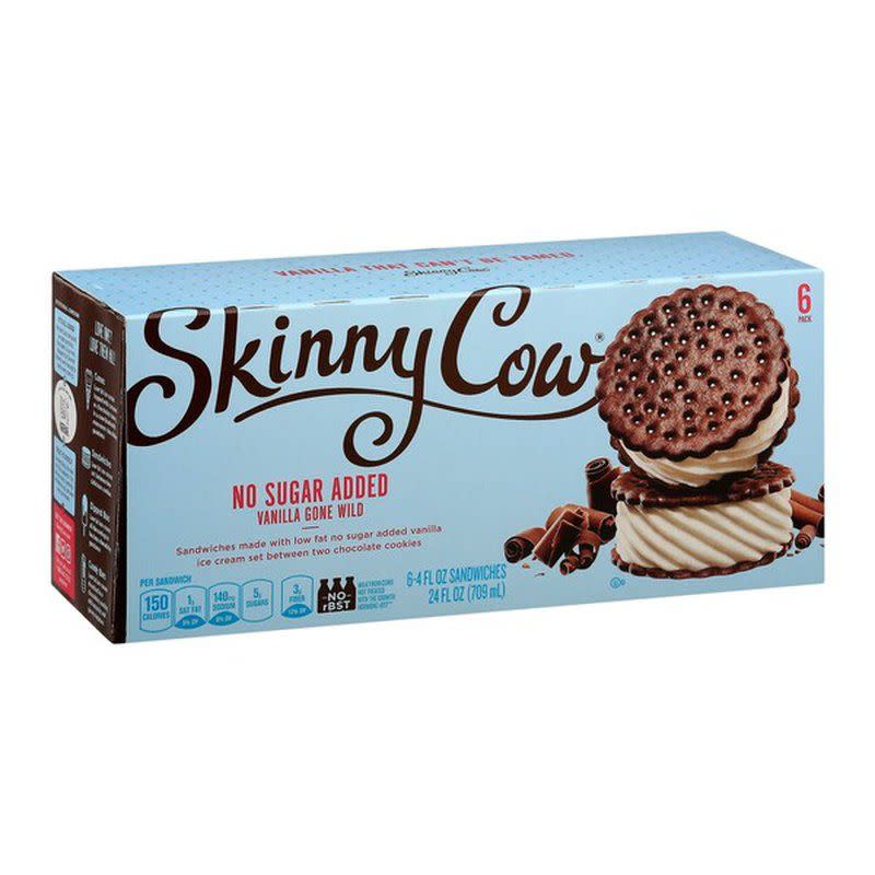 <p><strong>Skinny Cow</strong></p><p>instacart.com</p><p><strong>$4.56</strong></p><p><a href="https://go.redirectingat.com?id=74968X1596630&url=https%3A%2F%2Fwww.instacart.com%2Flanding%3Fproduct_id%3D8891%26retailer_id%3D45%26region_id%3D991425693%26mrid%3D176666712&sref=https%3A%2F%2Fwww.goodhousekeeping.com%2Ffood-products%2Fg34313693%2Fbest-sugar-free-ice-cream%2F" rel="nofollow noopener" target="_blank" data-ylk="slk:Shop Now;elm:context_link;itc:0;sec:content-canvas" class="link ">Shop Now</a></p><p>Another good option for portion-controlled desserts are these Skinny Cow ice-cream sandwiches. There's a whole chemistry-textbook list of ingredients, but they manage to pack some classic flavor into just 140 calories.</p><p><em>Per sandwich: 140 cals, 2g fat; 28g carbs; 5g total sugar, 0 added sugar; 4g protein</em></p>