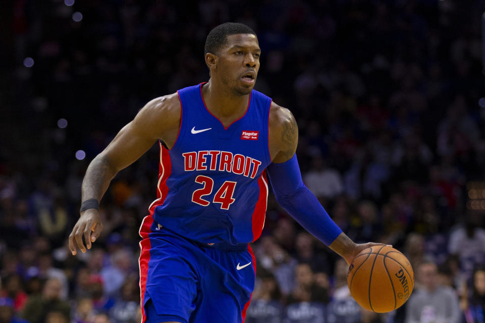 PHILADELPHIA, PA - OCTOBER 15: Joe Johnson #24 of the Detroit Pistons dribbles the ball against the Philadelphia 76ers in the third quarter of the preseason game at the Wells Fargo Center on October 15, 2019 in Philadelphia, Pennsylvania. The 76ers defeated the Pistons 106-86. NOTE TO USER: User expressly acknowledges and agrees that, by downloading and or using this photograph, User is consenting to the terms and conditions of the Getty Images License Agreement. (Photo by Mitchell Leff/Getty Images)