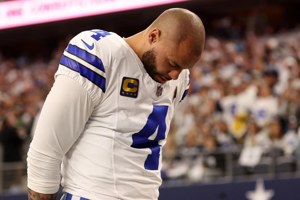 Jan 14, 2024; Arlington, Texas, USA; Dallas Cowboys quarterback Dak Prescott (4) before the 2024 NFC wild card game against the Green Bay Packers at AT&T Stadium. Mandatory Credit: Kevin Jairaj-USA TODAY Sports