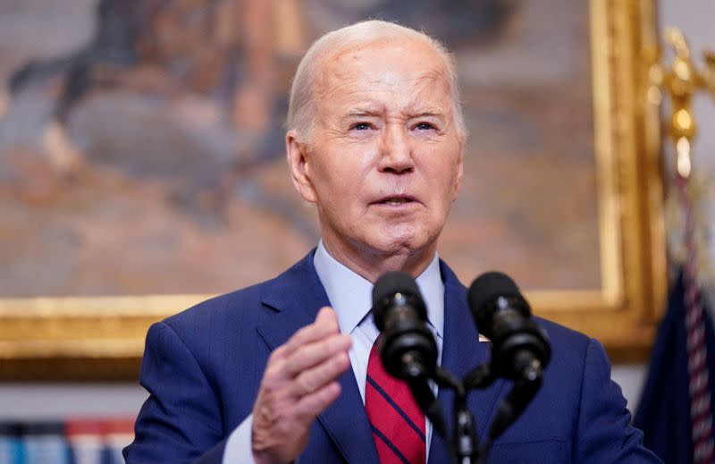 FILE PHOTO: U.S. President Joe Biden discusses ongoing student protests at U.S universities during brief remarks at the White House in Washington