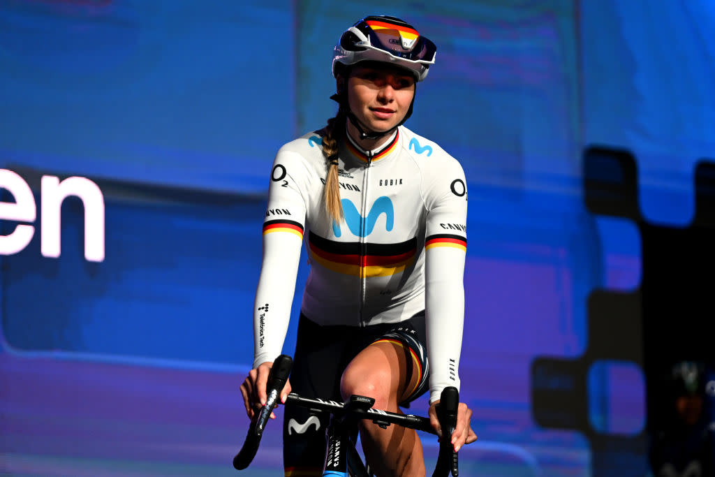  GHENT BELGIUM  FEBRUARY 25 Liane Lippert of Germany and Movistar Team prior to the 18th Omloop Het Nieuwsblad Elite 2023 Womens Elite a 1322km one day race from Ghent to Ninove OHN23  on February 25 2023 in Ghent Belgium Photo by David StockmanGetty Images 