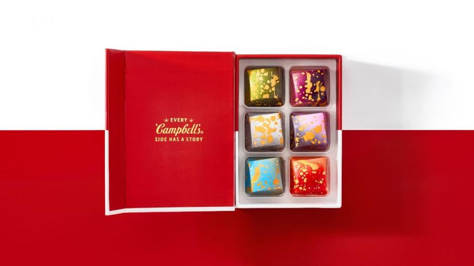 Six colorful truffles in an open red box as part of Campbell's Holiday Sides Collection