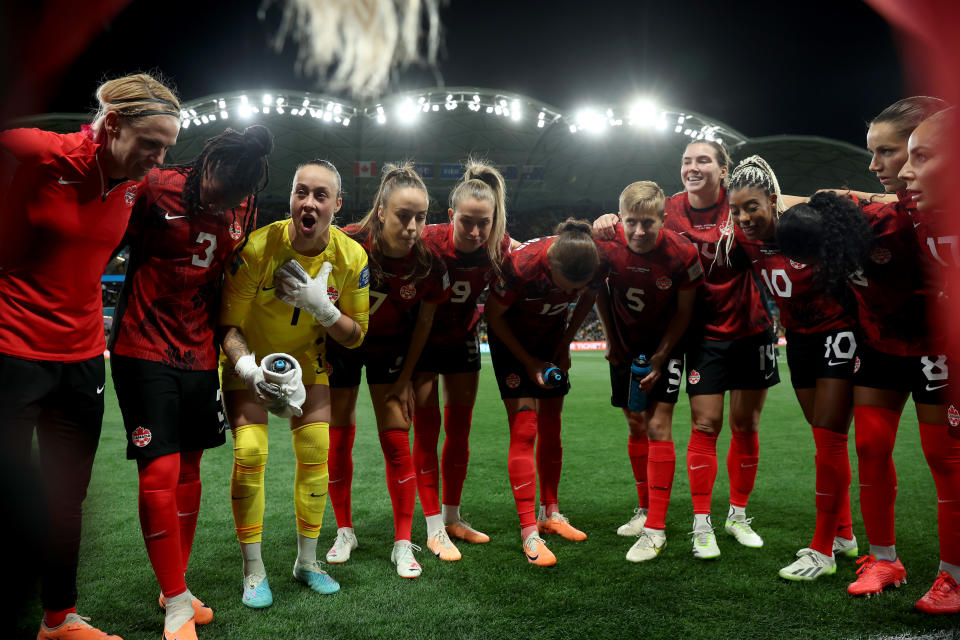 MELBOURNE, AUSTRALIA - JULY 31: Canada players huddle prior to the FIFA Women's World Cup Australia & New Zealand 2023 Group B match between Canada and Australia at Melbourne Rectangular Stadium on July 31, 2023 in Melbourne / Naarm, Australia. (Photo by Alex Grimm - FIFA/FIFA via Getty Images)