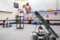 First lady Jill Biden visits a robotics lab as she tours Fort LeBoeuf Middle School in Waterford, Pa., Wednesday, March 3, 2021. (Mandel Ngan/Pool via AP)