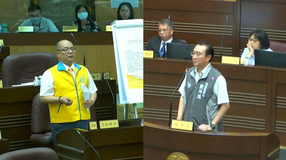 桃園市議員劉勝全（左）質疑桃捷董事長劉坤億圖利特定廠商。   圖：林昀真／翻攝