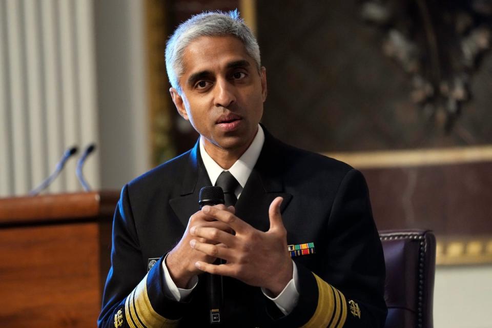Surgeon General Dr. Vivek Murthy speaks during an event on the White House complex in Washington, Tuesday, April 23, 2024 (Copyright 2024 The Associated Press. All rights reserved)