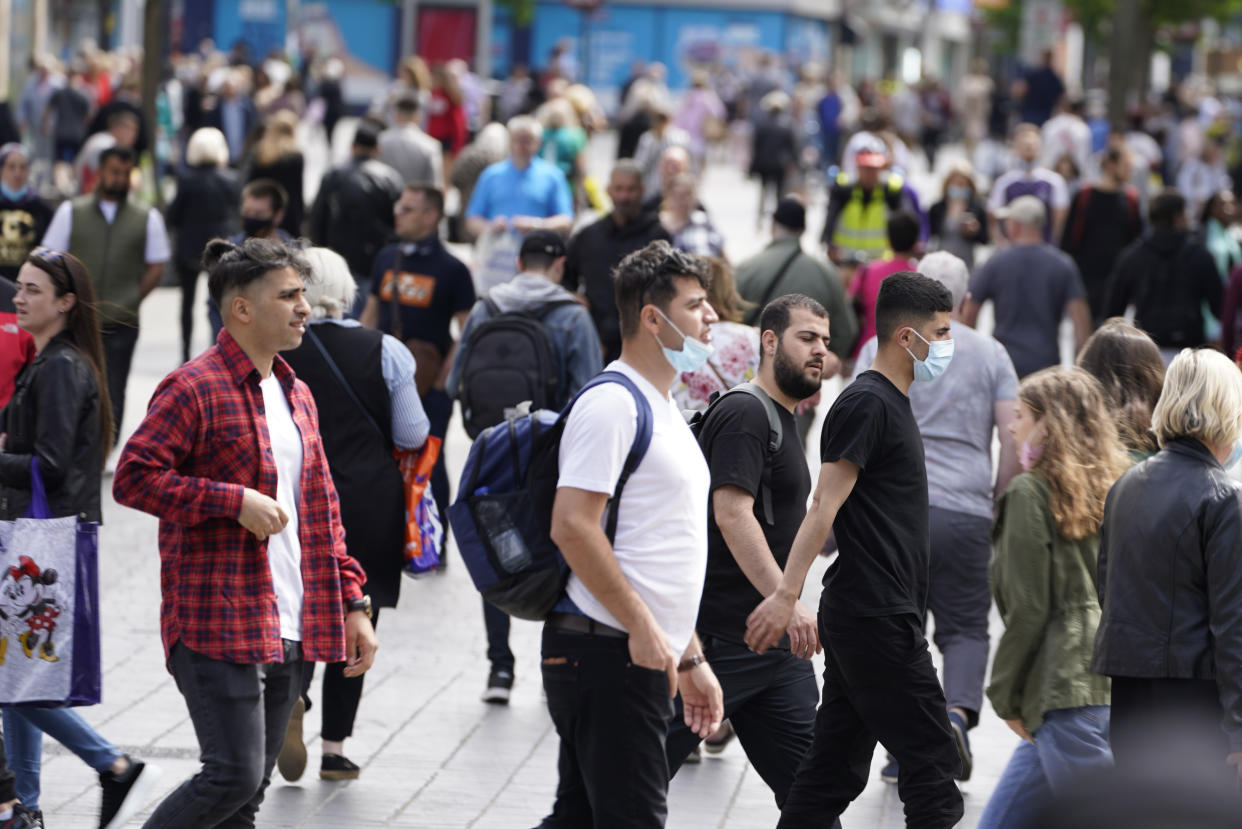 Some people wearing masks in the busy Liverpool city centre. Picture date: Monday June 14, 2021. (Photo by Peter Byrne/PA Images via Getty Images)