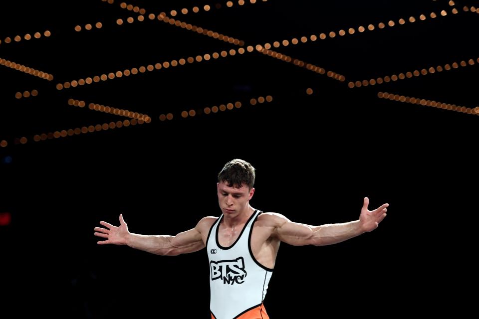 Rutgers' Nick Suriano defeats Joe Colon (not pictured) in a 134-pound bout during the Beat the Streets "Grapple at the Garden" on Monday, May 6, 2019, in New York.