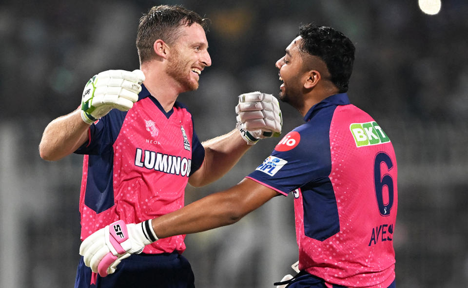 Jos Buttler and Avesh Khan after Rajasthan Royals beat Kolkata Knight Riders in the IPL.