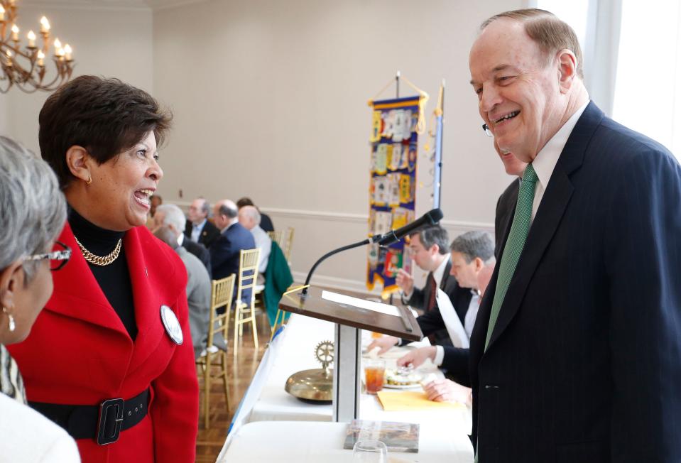 U.S. Sen. Richard Shelby visited the Rotary Club of Tuscaloosa Tuesday, Jan. 22, 2019 at Indian Hills Country Club. Stillman College President Cynthia Warrick speaks with Shelby. [Staff Photo/Gary Cosby Jr.]