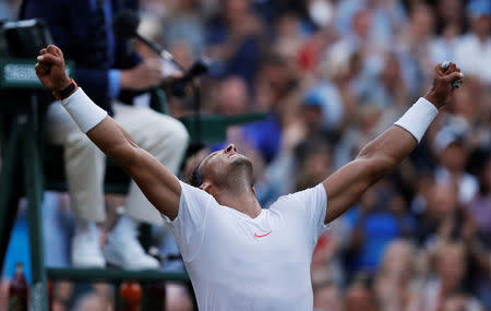 Tennis - Wimbledon - All England Lawn Tennis and Croquet Club, London, Britain - July 11, 2018 Spain's Rafael Nadal celebrates winning his quarter final match against Argentina's Juan Martin Del Potro REUTERS/Andrew Couldridge