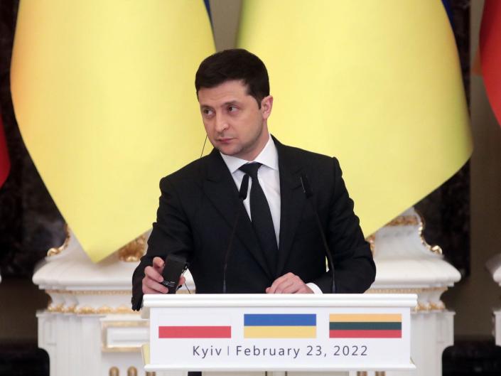 President of Ukraine Volodymyr Zelenskyy is pictured during his meeting with President of the Republic of Poland Andrzej Duda and President of the Republic of Lithuania Gitanas Nauseda, Kyiv, capital of Ukraine