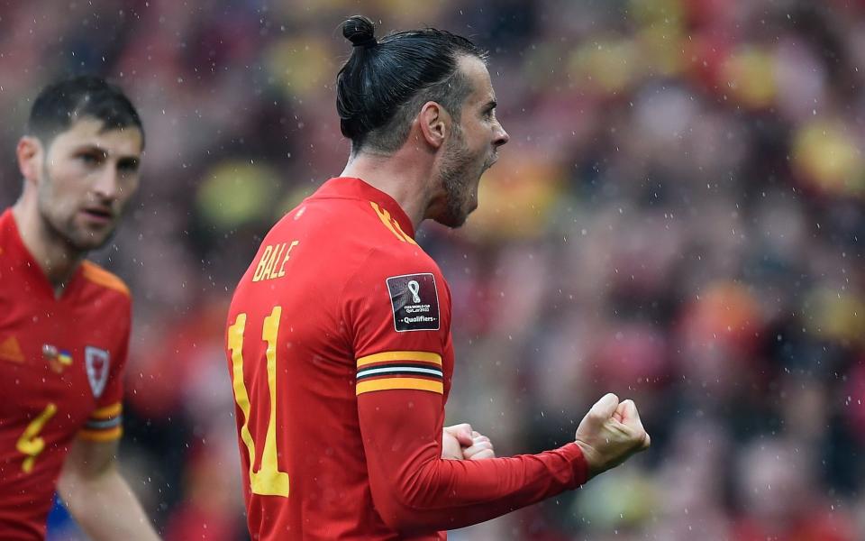 Wales' Gareth Bale reacts after the 1-0 lead during the FIFA World Cup 2022 qualification playoff final soccer match between Wales and Ukraine in Cardiff, Wales, Britain, 05 June 2022 - Peter Powell/EPA-EFE/Shutterstock 