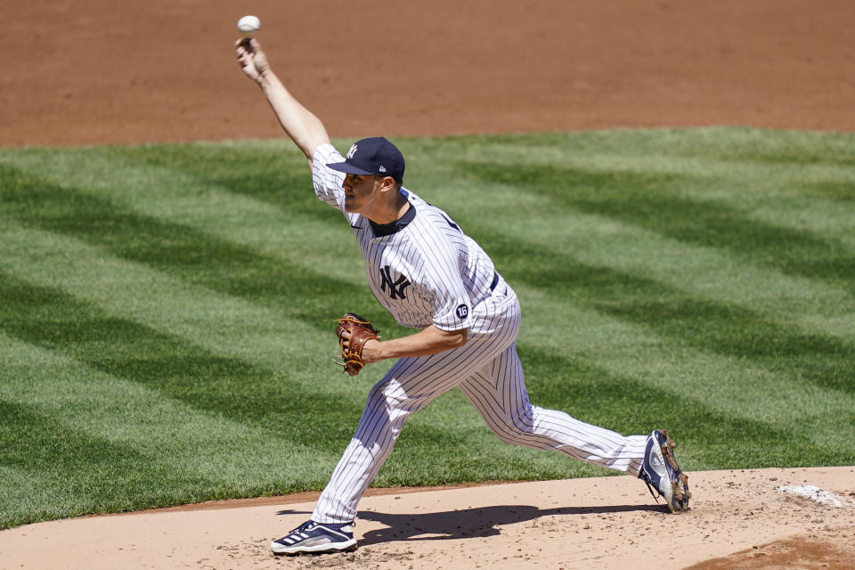 New York Yankees starting pitcher Jameson Taillon throws in the second inning of a baseball game against the Detroit Tigers, Saturday, May 1, 2021, in New York. (AP Photo/John Minchillo)