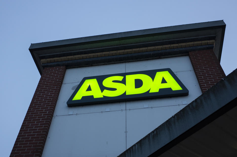 The logo for British supermarket chain Asda is lit up in its signature green in the evening on 11th February, 2022 in Leeds, United Kingdom. (photo by Daniel Harvey Gonzalez/In Pictures via Getty Images)