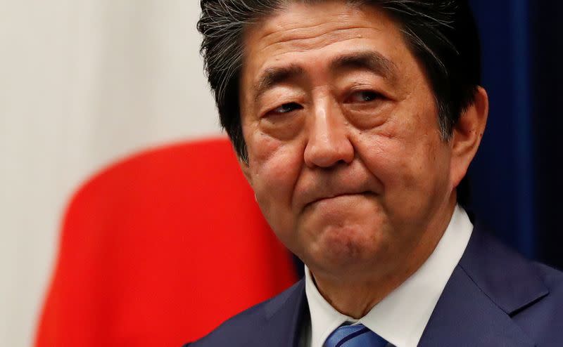 Japan's Prime Minister Shinzo Abe attends a news conference on Japan's response to the coronavirus outbreak at his official residence in Tokyo