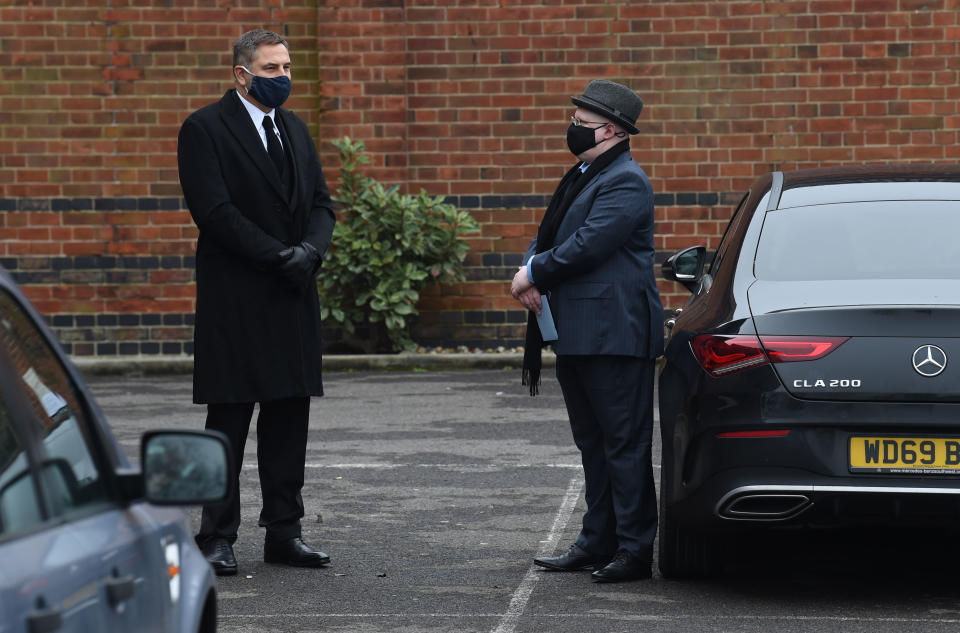 David Walliams and Matt Lucas attend the funeral of Dame Barbara Windsor at Golders Green Crematorium on January 08, 2021. (Photo by Stuart C. Wilson/Getty Images)