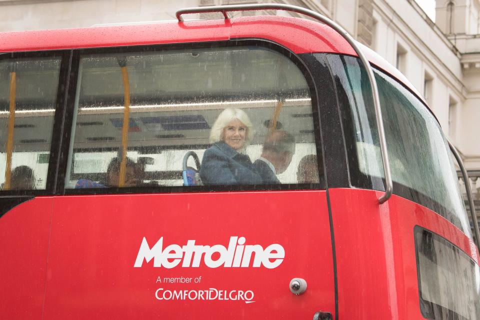 <p>Camilla and Prince Charles take a double decker bus from Clarence House to the London Transportation Museum. </p>