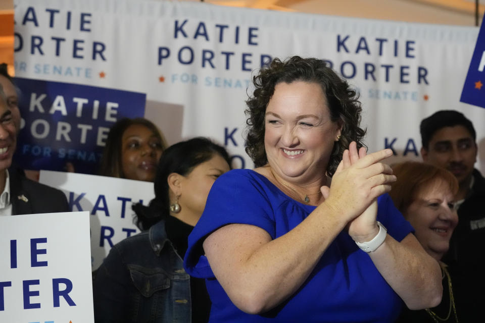 U.S. Rep. Katie Porter, D-Calif., smiles as she prepares to address supporters at an election night party, Tuesday, March 5, 2024, in Long Beach, Calif. (AP Photo/Damian Dovarganes)